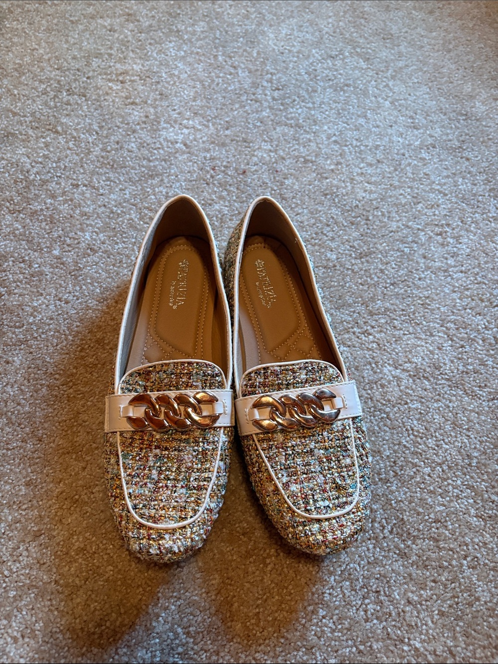 Tweed Chain-Trim Loafers in Multicolor and Cream